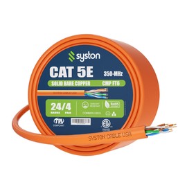 Syston Cable Technology Cat 5e Ethernet Network Cable - 200 FT, 350 MHz 24 AWG Solid Bare Copper Wire Outdoor/Indoor, Bulk No Ends 10 Ft to 1000 Ft Available, Heat Resistant Plenum Rated - CMP