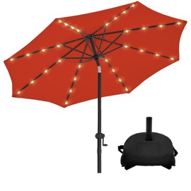 wikiwiki 10FT Solar Led Patio Umbrella with Base, Sturdy Outdoor Market Umbrella for Deck, Pool, Garden w/Tilt, Crank, 32 LED Lights, Red