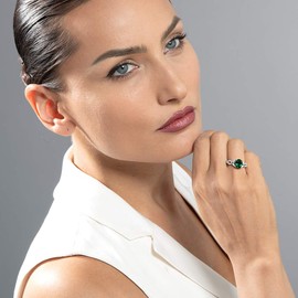 PEORA Simulated Emerald Forever Ring for Women 925 Sterling Silver, 1.10 Carats Oval Shape 9x7mm, Size 8, Promise, Engagement, Statement Ring, May Birthstone, w/Jewelry Box