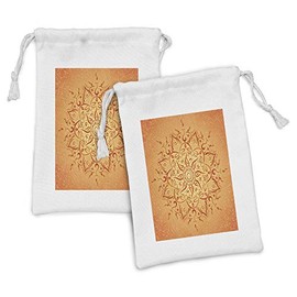 Ambesonne Lotus Fabric Pouch Set of 2, Sun Pattern Ombre Effect Mandala Culture Print, Small Drawstring Bag for Toiletries Masks and Favors, 9" x 6", Orange