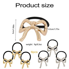 6Pcs Gold & Silver Bow Hairband,Metal Bow Hair Ties for Women Girls, Elegant Hair Elastic Bands for Ponytail, Scrunchies Hair Cuff Holder, Long Thick Thin Curly Hair Styling Accessories