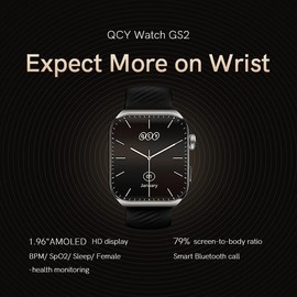 QCY GS2 1.96 Inch AMOLED Large Touch Screen Smart Sport Watch with 100 Dials and 4 Themes, Bluetooth Call/Play, Sport Mode 100 Plus, Health Monitor and Sports Tracking - Black