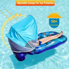 FindUWill Pool Floats with Canopy Adults - Extra Large Pool Float Lounger with Adjustable Backrest Sun Shade, Ultra Comfort Heavy Duty Inflatable Pool Chair Raft for Lake, Beach（Blue