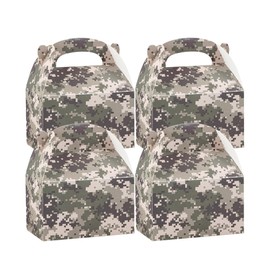 Restaurantware Bio Tek 6 x 3.5 x 3.5 Inch Gable Boxes For Party Favors, 25 Attractive Gift Boxes - Camouflage Print, With Built-In Handle, Paper Barn Boxes, Disposable, For Parties
