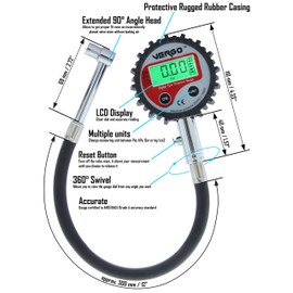 VERGO Digital Tyre Pressure Gauge with Flexible Hose and 90 Degree End - 200 PSI/14 BAR - Backlit LCD 4 Units Car, Truck, SUV, Motorcycle, Bicycle (with Valves)