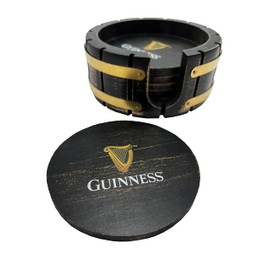 Guinness Coaster Set with Holder - 6 Pack, Beer Barrel Wood Design, Perfect for Home Bars and Parties Compatible