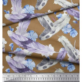 Soimoi Brown Velvet Fabric Floral & Artistic Feather Print Fabric by Yard 58 Inch Wide