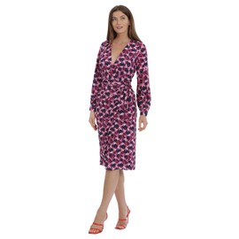 Maggy London Women's Wrap Tie Midi, Long Sleeve Tuxedo Dress Wear to Work, Antique Rose/Navy