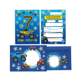 Junapack 12 Invitation Cards for 7th Children's Birthday Boy Monster Truck Car Includes 12 Envelopes, 12 Bags/Natural, 12 Stickers