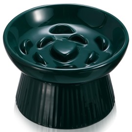 Tioncy Ceramic Slow Feeder Raised Cat Bowl Elevated Cat Bowls Anti Vomit Dry Wet Food and Water Bowl Easy to Clean Pet Bowls High Edge for Cats Small Dogs, Kitten Home, Dishwasher Safe (Dark Green)