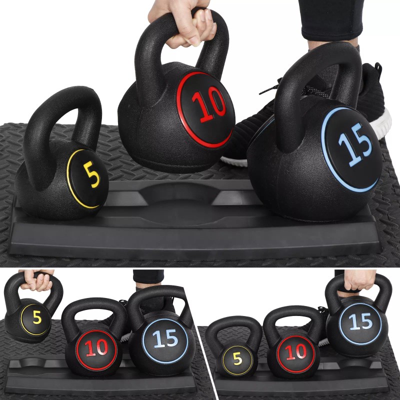 SEGAWE 3-Piece Kettlebell Set with Storage Rack Fitness Strength 5lb