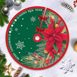 Hianjoo Christmas Tree Skirt, Xmas Tree Base Cover Mat with Snowflakes and Leaves for Holiday Ornament for Xmas Party Christmas Decorations (Red Flower, 36 inch/90cm)