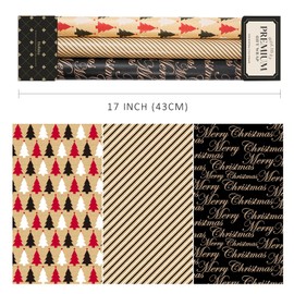 LaRibbons Kraft Christmas Wrapping Paper Set, Elegant Gift Wrap with Trees, Stripes & Merry Christmas, Black & Brown Holiday Paper with Cutlines for Xmas, Party Gifts, 17 inch x 10 ft -3 Rolls