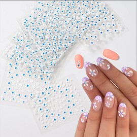 30Pcs Glitter White Flower Nail Art Stickers Decals Cute Daisy Nail Stickers with Blue Rhinestone Design 3D Nail Decals Small Floral Nail Supplies for Woman Wedding Daily DIY Nail Art Decoration Charm