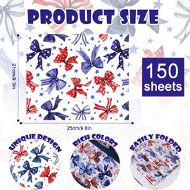 150 Sheets Red White Blue Bows Wax Paper Sheets for Food, 9.8 x 8.3 inch Patriotic Ribbons Patterns Greaseproof Wrapping Paper for 4th of July Party Sandwich Picnic Basket Liner Supplies