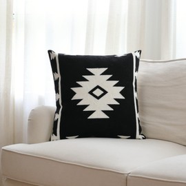 IKATYARN Black White Aztec Embroidery Throw Pillow Cover, Boho Tribal Geometric Pillowcase, Modern Farmhouse Cushion Case for Couch Sofa Bed, 18"x18"