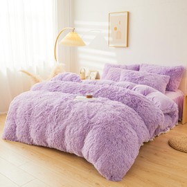 ERLOXO Fluffy Lilac Faux Fur Comforter Cover Set Twin，Fluffy Fuzzy Plush Lavender Bedding 2Pcs (1 Faux Fur Duvet Cover +1 Fuzzy Pillowcases) Lilac Bed Set Twin(Lavender, Twin)
