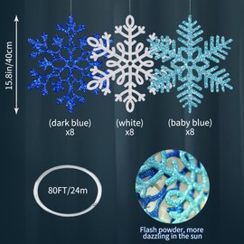 24 Pcs 15.8'' Large Snowflake Decorations – Giant Hanging Snowflakes, Plastic Snowflakes for Indoor & Outdoor Christmas Decor, Porch & Tree Decorations (White, Blue, Dark Blue)