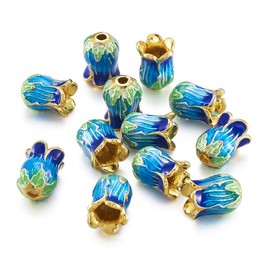PandaHall 25pcs Flower Enamel Bead Cap Golden Plated Blue Floral Enamel Beads Floral Petals Metal Spacer Bead End Caps for Bracelet Earring Jewelry Making