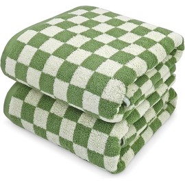 Jacquotha Bath Towels Set of 2 - Luxury Cotton Bathroom Shower Towels Body 55” x 27.5” Absorbent, Quick Dry, 520GSM, Green Checkered Home Decor