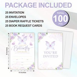 Watercolor Butterfly Baby Shower Invitation Kit, Included Invites With Envelopes, Diaper Raffle Tickets(25 Pcs Each), Book Request Cards For Baby Announcement, Gender Reveal Party Favor & Supplies-A06