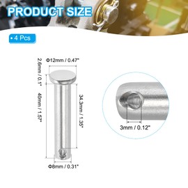 PATIKIL 8 x 40 Mm Single Hole Clevis Pins, 4 Pcs 304 Stainless Steel Flat Head Pin for Hitch Pin Lock Link Hinge Systems, Silver