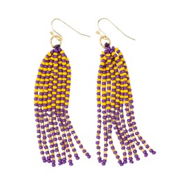 INK + ALLOY Game Day Tassel Seed Bead Earrings – Handcrafted Statement Earrings ready for Gameday! – Lightweight & Bold (Purple + Yellow)