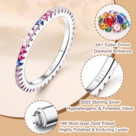 Dochais 925 Sterling Silver Enternity Ring for women lady With Coloured Gemstones | 14K Gold Plated Colourful Cubic Zirconia Ring for women, size J-1/2 to S.