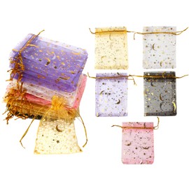 DERAYEE Organza Drawstring Bag, Gift Bags, 50 Pieces, Foil Stamping, Packaging, Presents, Wrapping, Small Storage, White, Solid, Star and Moon, Transparent (3.5 x 4.7 inches (9 x 12 cm)