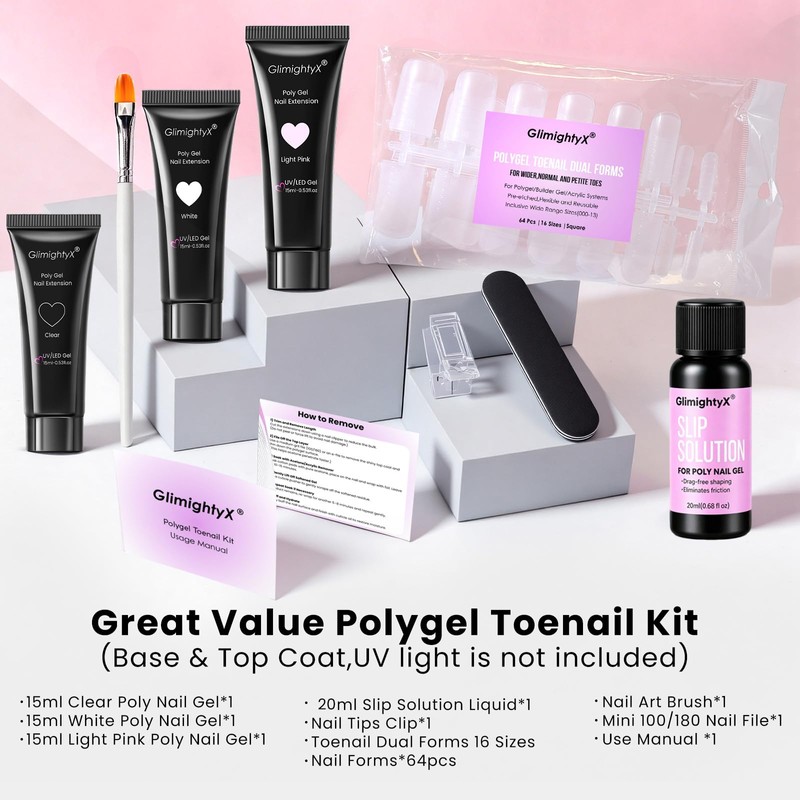 GlimightyX Polygel Toenail Kit, Clear White Pink with Toe Dual