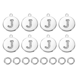 sourcing map 8 Pcs Letter Charm Bulk Initial Charm Round Alphabet Charm Pendant for Necklace Bracelet Earring Jewelry Making Diy, Silver-J