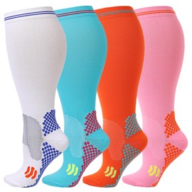 Kickticks Plus Size Compression Socks-Wide Calf Knee High Socks for Men & Women, 20-30mmHg, Available in 2XL to 4XL, 4 Pairs