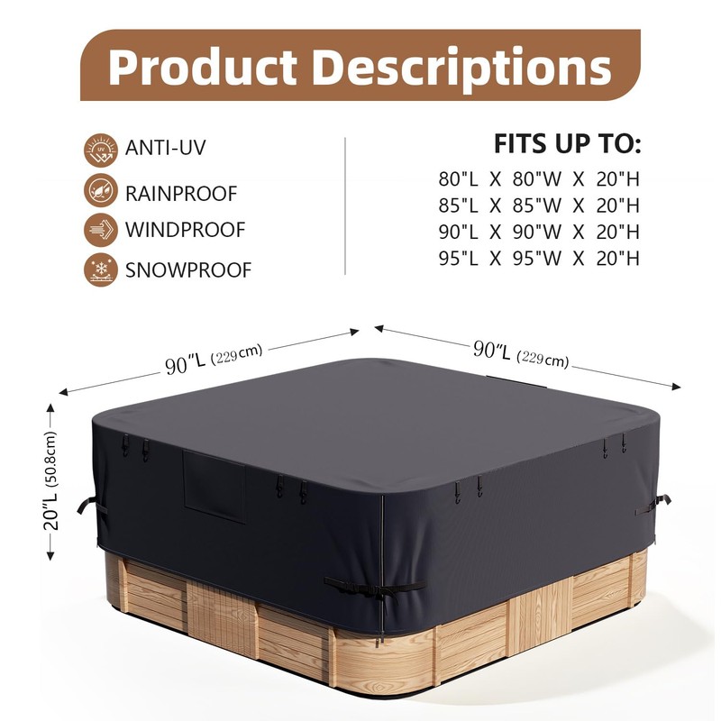 Wnanan Hot Tub Waterproof Cover, 90"X90" Heavy Duty Protector, Dust