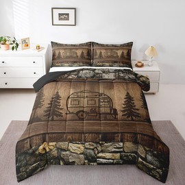 Erosebridal Kids Camper Bedding Set Twin Vintage Farmhouse Comforter Set for Boys Girls, Happy Camping Duvet Insert Rustic Lodge Cabin Quilt Set, Brown Old Barn Door Bedding Comforters & Sets