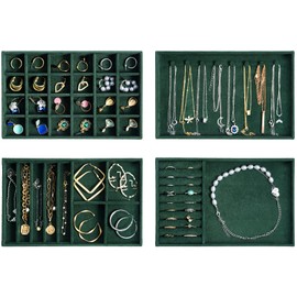 ProCase Stackable Jewelry Organizer Trays for Drawers, Jewelry Drawer Inserts Container Display Case Storage for Earring Necklace Rings Bracelet with Removable Dividers -4 Layers, Green