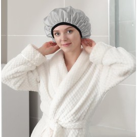 Lined Shower Caps, Triple Layer Large Shower Cap for Women, Reusable Shower Caps for Long Thick Hair, Waterproof Washable Soft (Grey, One size)