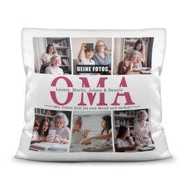 Photo Cushion Design Yourself – Grandma wir lieben Dich – Collage with 6 Photos & Names – Gift for the Best Grandma from Grandchildren – Includes Filling, White Fluffy Cushion, 40 x 40 cm