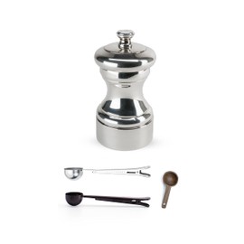 Peugeot Mignonnette Silver-Plated Pepper Mill Gift Set, 10cm/4-Inch - With 3 Stainless Steel/Wood Spice Scoops