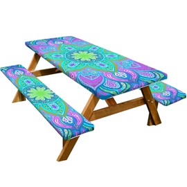 Picnic Table Cover with Bench Covers, 3 Pcs Waterproof Camping Essentials Tablecloth, Picnic Table Covers with Elastic Fitted Tablecloths for 6 Foot Rectangle Tables (Style13)