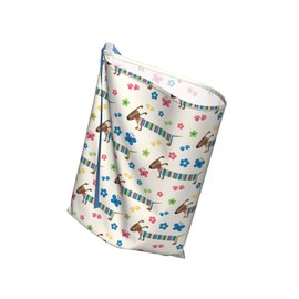 Ambesonne Dog Lover Fabric Gift Bag, Wiener Dog Cartoon Dachshund Puppy with Striped Pajamas Flowers and Butterflies, Present Sack fors Birthdays with 3 Ribbons, 27" X 32", White Blue