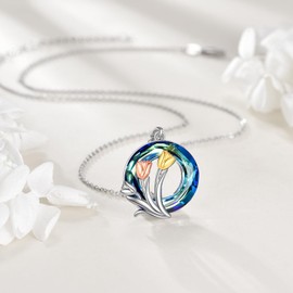 URONE Tulip Necklace 925 Sterling Silver Tulips Crystal Pendant Necklace Tulip Flower Jewellery Gifts for Women