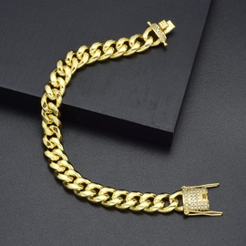 Jewelry Kingdom 1 14K Solid 14K Yellow Gold Necklace with Bling Bling CZ Stone Quick Release Buckle 10mm Cuban Link Chain Bracelet for Men or Women(10MM, 7.5 inch)