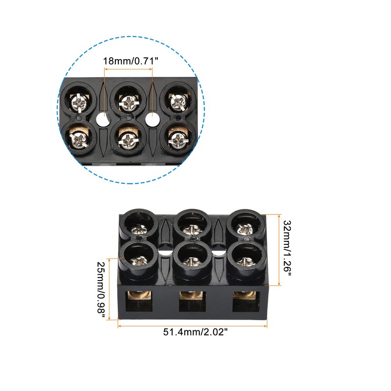 MECCANIXITY Terminal Block 500V 60A Dual Row 3 Positions Screw
