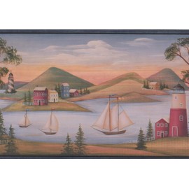 Chesapeake Village on The River Sailboats Frigate Lighthouses Rolling Hills Vintage Wallpaper Border Retro Design, Roll 15' x 8.5''