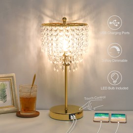 Touch Control Crystal Table Lamp with Dual USB Ports, 3-Way Dimmable Gold Lamp, USB Bedside Light with Crystal Shade, Girls Lamp for Bedroom, Living Room, Teens Room, Dresser, 6W LED Bulb Included