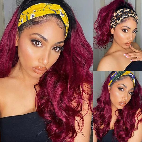 Feelgrace Body Wave Human Hair Headband Wigs, Ombre 2 tone Black Roots to Red Headband Wig Brazilian Hair, 150% Density Body Wave None Lace Front Wigs (1B/Red, Body Wave, 16")