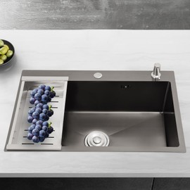 Black Kitchen Sink,Single Bowl Flushmount/Topmount/Undermount Bar Sink Workstation Sink,Stainless Steel Prep Sink with Drain Basket and Soap Dispenser kit (Black)