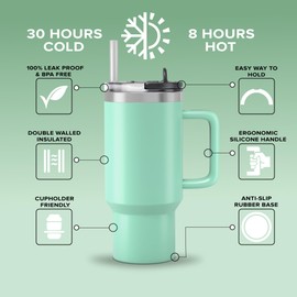 PHK 40oz Tumbler with Handle and Straw, Double Wall Vacuum Insulated Tumbler, Leakproof Travel Mug, Cupholder-Friendly, Reusable Water Bottle (GREEN)