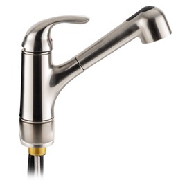 RecPro RV Pull-Down Kitchen Faucet, Single Lever, Dual Spray/Stream | 52” Weighted Hose | Fits 3-Hole Sinks | 10 1/8" W x 8 3/8" H x 10 1/4" D | Easy Top Button | 2 3/8” Base Depth