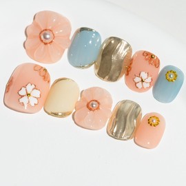 Sun&Beam Nails Handmade Press-On Short Round with Blue Pink Color Flower Design Charm Gold Cute False Nail Tips 10 Pcs (#100 S)